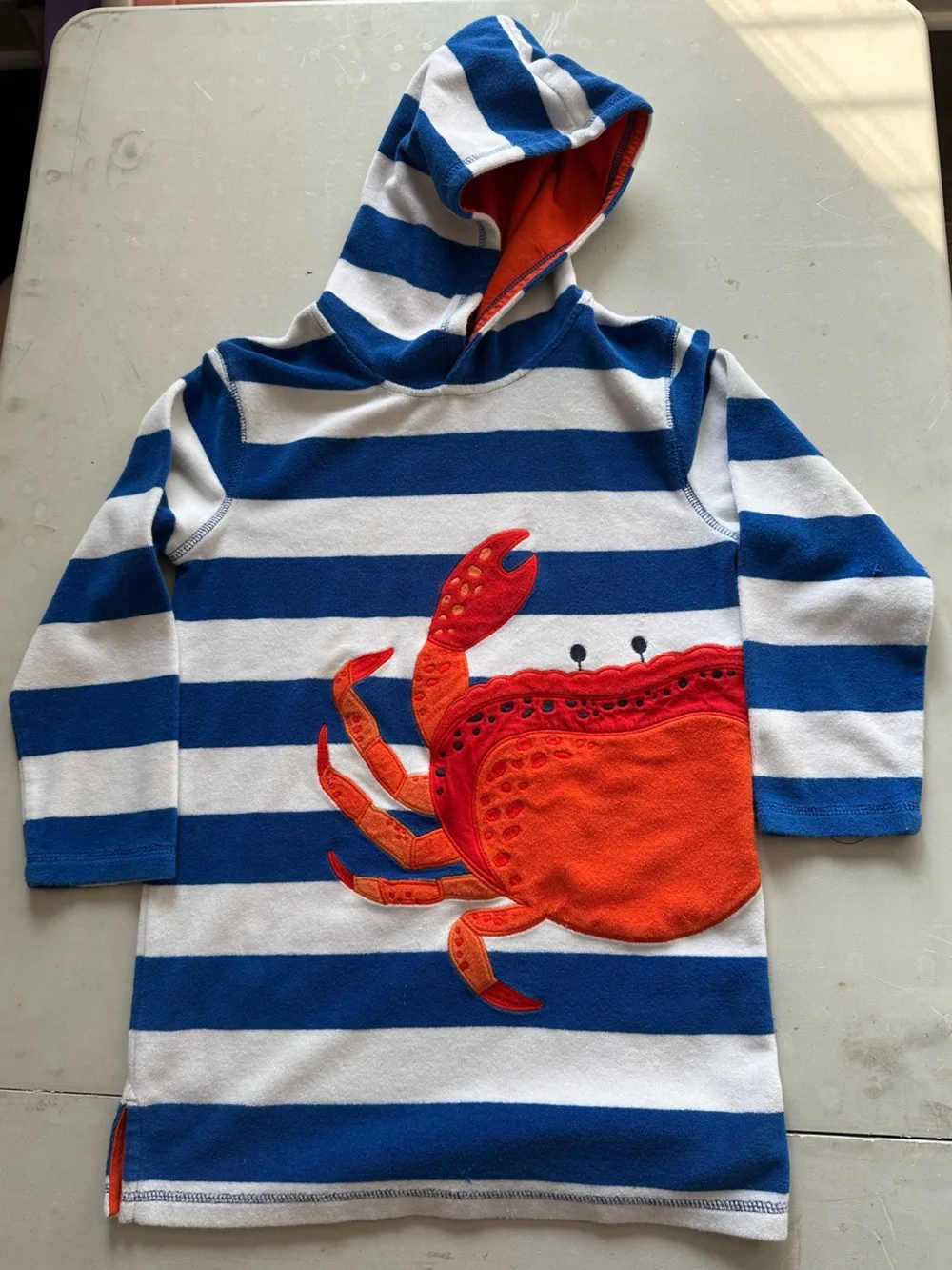 Mini Boden Kids 8-9 Blue White Stripe Hooded Terry Beach Cover Up Crab appliqué